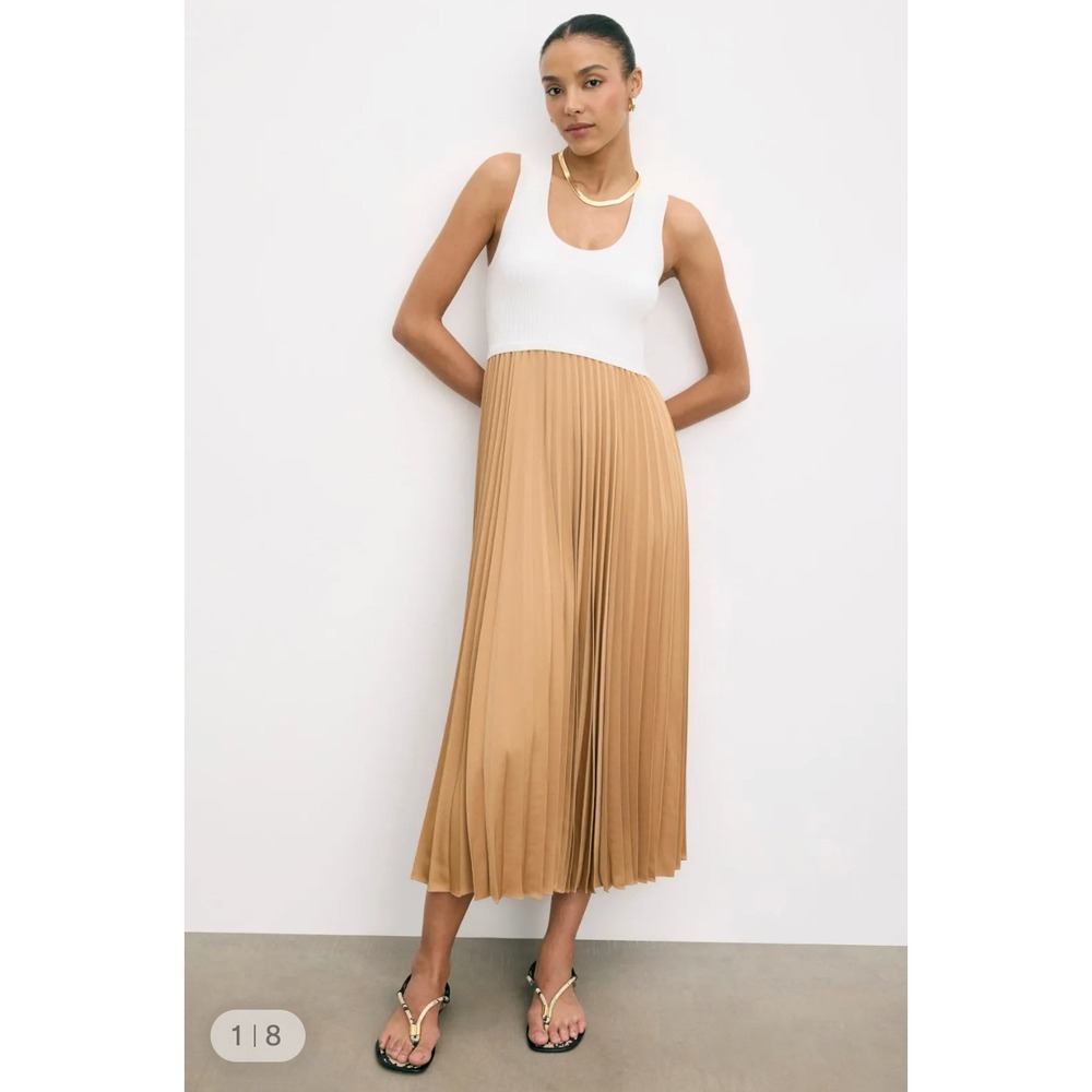 Cinq a Sept Parma Dress Mixed Media Maxi Off-White Tan Pleated Sleeveless Sz S